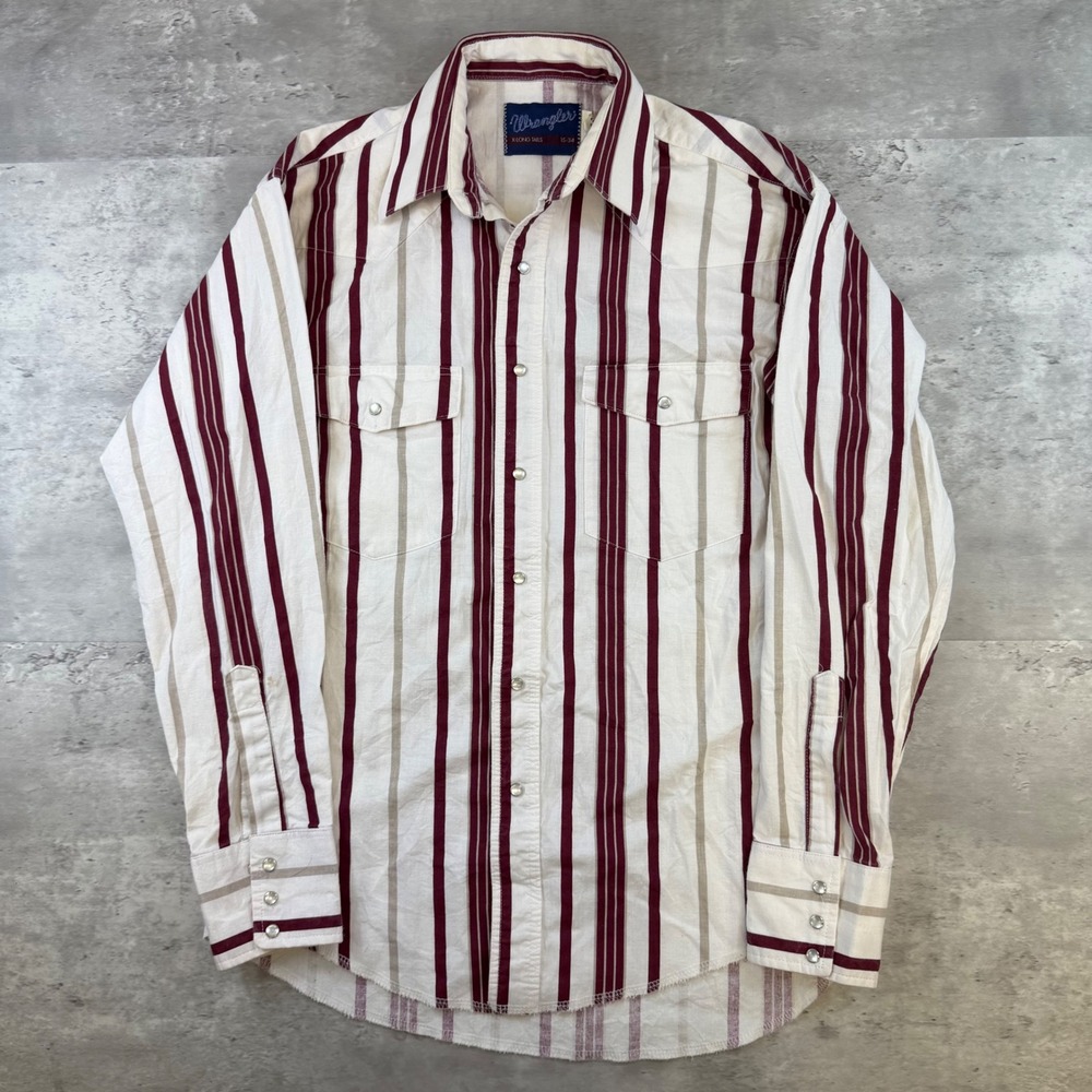 Wrangler Mens Western Pearl Snap Shirt Burgundy Tan Stripe X-Long Tails 15-34